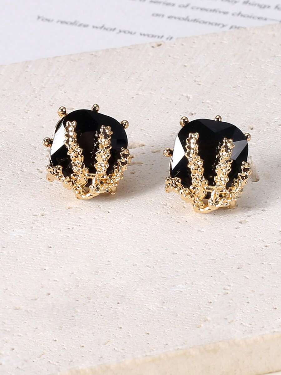 一对小麦耳钉，独特高端质感，百搭黑色方形耳环，女士日常佩戴的最佳珠宝 - 彩色 - 查看 1