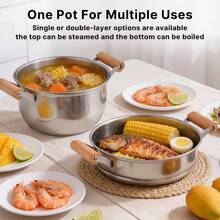 1/2-Tier Stainless Steel Steamer Pot, Multifunctional Stock Pot With Lid & Handle For Vegetables/Sauces/Food – Induction Compatible, Ideal For New Year Feasts - Silver Single Layer - View 3
