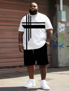2pcs/Set Plus Size BIG&TALL White T-Shirt With Black Geometric Criss-Cross Line Print + Solid Black Shorts, American Streetwear Minimalist Chic Black & White Contrast Outfit Summer - 黑與白 - 查看 1