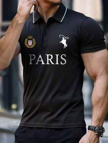 Men's Golf Polo Shirt, Fashion Business Casual Printed Short Sleeve Collared Button Design - Black - View 1