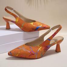 女士尖头露跟高跟鞋，舒适缎面套脚细高跟鞋，百搭连衣裙凉鞋 - 亮橙色 - 查看 6