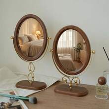 1pc Vintage Bedroom Vanity Mirror With Wooden Jewelry Storage Rack, Rotating Makeup Mirror For Home Decor - Multicolor - View 3