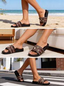 roulvxiang 新款黑色、棕色、杏色拖鞋，饰有心形、五角星、波点和金属扣设计，休闲室内/室外/沙滩两用，防水平底凉鞋，镶嵌水钻亮片，女士款 - 卡其色 - 查看 5