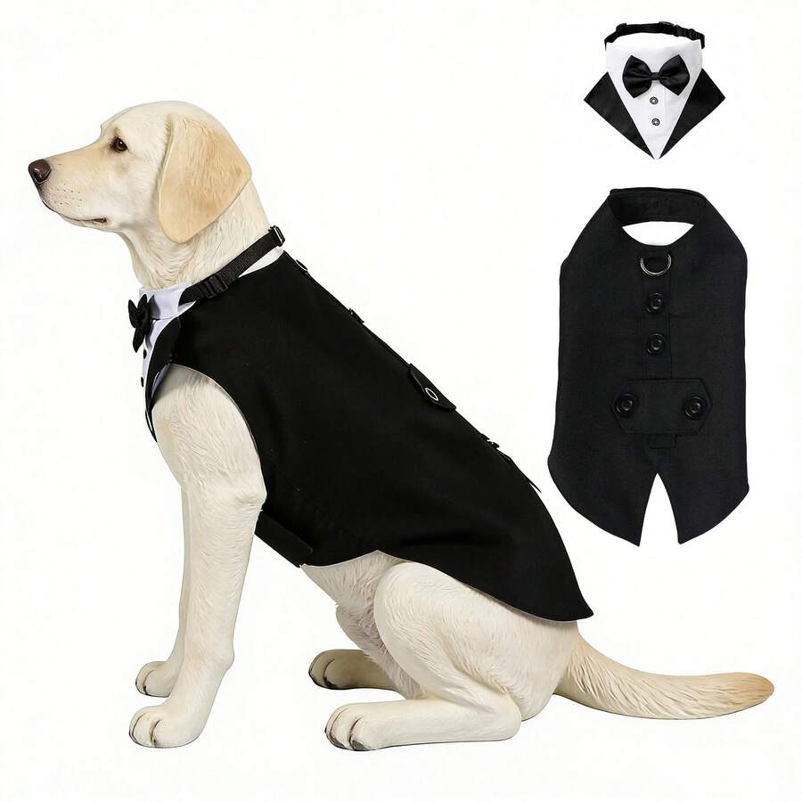 Bộ vest tuxedo cho chó, bao gồm nơ và băng đô, trang phục thú cưng hoàn toàn mới, áo khoác/áo sơ mi trang trọng cho đám cưới, tiệc sinh nhật. - màu đen - Xem 1
