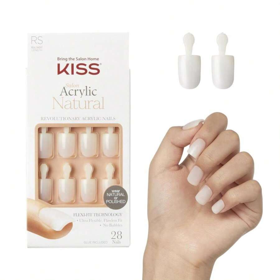 KISS Salon Acrylic Nude French Tip Press On Nails Short, U2018Breathtaking, Beige, Squoval, Includes 28 Fake Nails, Nail Glue 2g, 1 Manicure Stick, 1 Mini File - MàuC - Xem 1