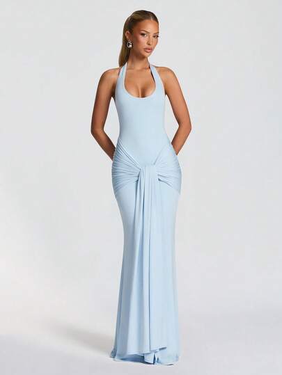 Elegant Sexy Halter Neck Ruched Waist Party Dress, Fashionable Cocktail Gown For Formal Events, Mermaid Style Long Cocktail Dress With Backless Design, Ruffle Details, Stretchy Soft Fabric For Sexy Fitted Silhouette