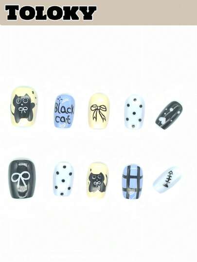 10片手工制作的按压式美甲贴片，短款椭圆形美甲贴片，蓝色猫咪可爱3D水钻，配3件美甲工具、美甲胶水和美甲用品，适合女性和女孩参加派对、旅行、日常上学等场合。另有狗狗爪印波点美甲、蝴蝶结圣诞美甲等款式可选。按压式美甲贴片，短款假指甲，美甲配件，美甲艺术