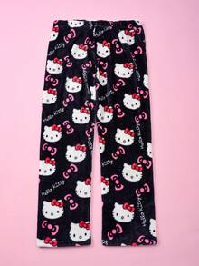 Sanrio Women's Hello Kitty Black Flannel All-Over Print Fluffy Pajama Pants, Cute Cartoon Print Soft Skin-Friendly Sleepwear Bottoms, Versatile & Comfortable For All Occasions, Ideal Warm Gift For Couples, Best Friends, Birthdays, Holidays, Fall Winter, Cozy - Multicolor - View 1