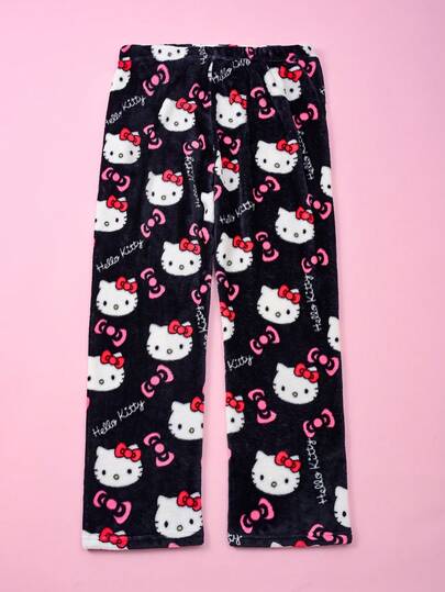 Sanrio Dam Hello Kitty svart flanellmönstrad fluffig pyjamasbyxa, söta tecknade pyjamasbyxor, mjuka och hudvänliga, mångsidiga och bekväma för alla tillfällen, perfekt varm present till par, bästa vänner, födelsedagar, helgdagar, höstvinter, mysig