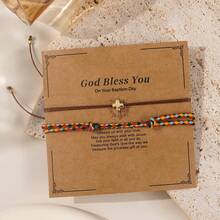 2件套时尚简约十字架吊坠手链，MGB角珠铜十字架手链，铜五角星四股棉绳编织手链，心形手链，可调节编织手链，闺蜜卡片，适合女性日常通勤、家庭、姐妹、生日礼物、家庭礼物、情人节礼物、女士礼物、周年纪念礼物