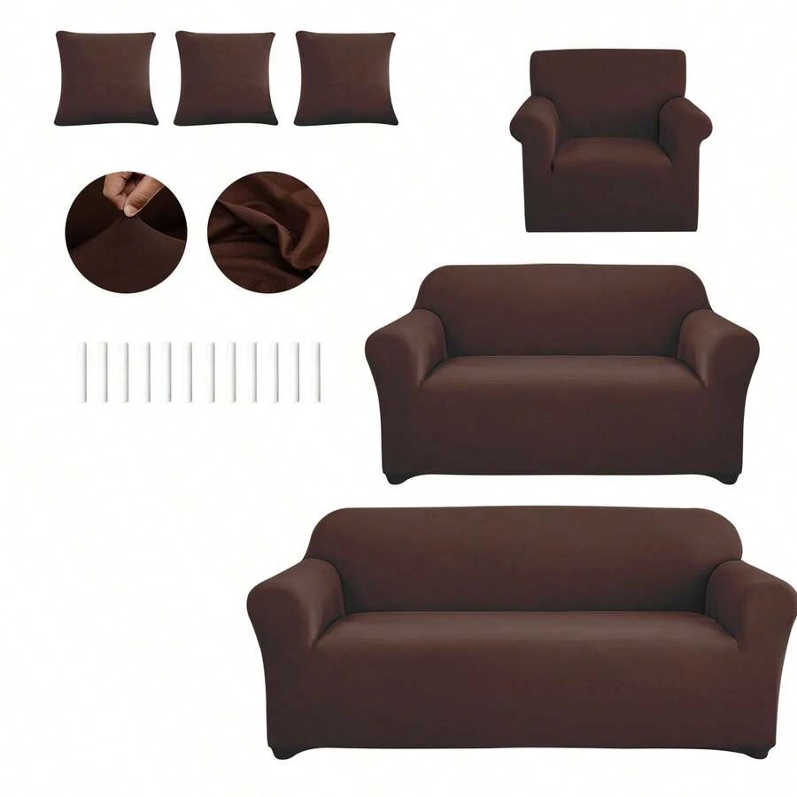 AMOROSA 6 Piezas Fundas De Sofá de Tela Tipo Seda de Leche(3 Fundas+3 Fundas de Cojín)para1/2/3 Plazas,Cubre Sillones para Sala Protección Contra,Elásticas Ajuste Polvo Perfecto,Fácil de Colocar,para Sala Apartamento Hogar Decoración Diaria-Marron - Café integral - Ver 1