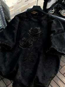 Camiseta de Hombre de 230g de Peso Pesado Lavada y Desgastada 100% Algodón - Estilo Vintage Americano Retro de Ajuste Suelto, Camiseta de Manga Corta con Cuello Redondo, Adecuada para Campus, Hip-Hop, Ropa Casual - Lavable a Máquina para Todas las Estaciones - Negro - Ver 1