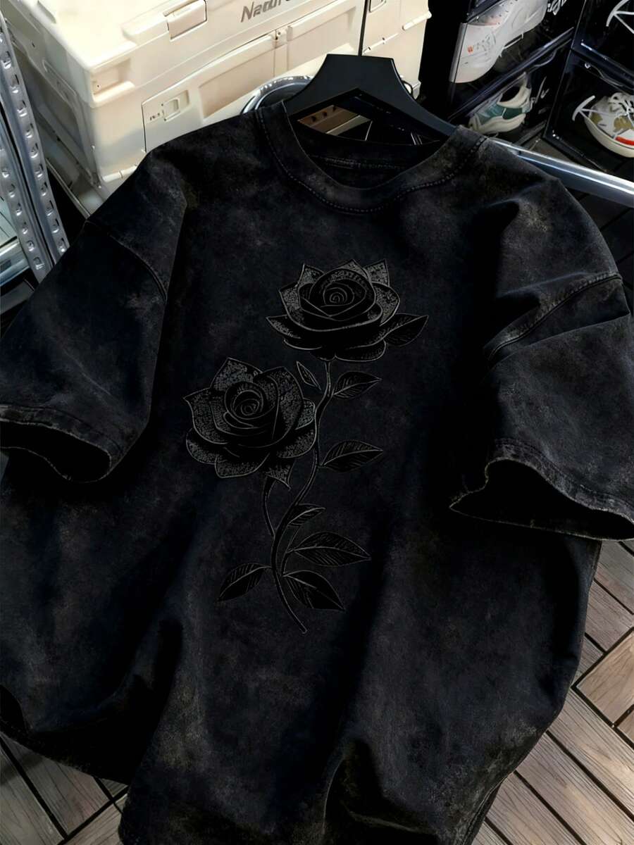 Camiseta de Hombre de 230g de Peso Pesado Lavada y Desgastada 100% Algodón - Estilo Vintage Americano Retro de Ajuste Suelto, Camiseta de Manga Corta con Cuello Redondo, Adecuada para Campus, Hip-Hop, Ropa Casual - Lavable a Máquina para Todas las Estaciones - Negro - Ver 1