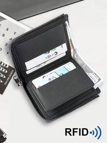 RFID Classic Men's Business Wallet, Vintage Zipper Short Wallet With Multiple Card Slots, Embossed Credit Card Holder - Multicolor - View 4