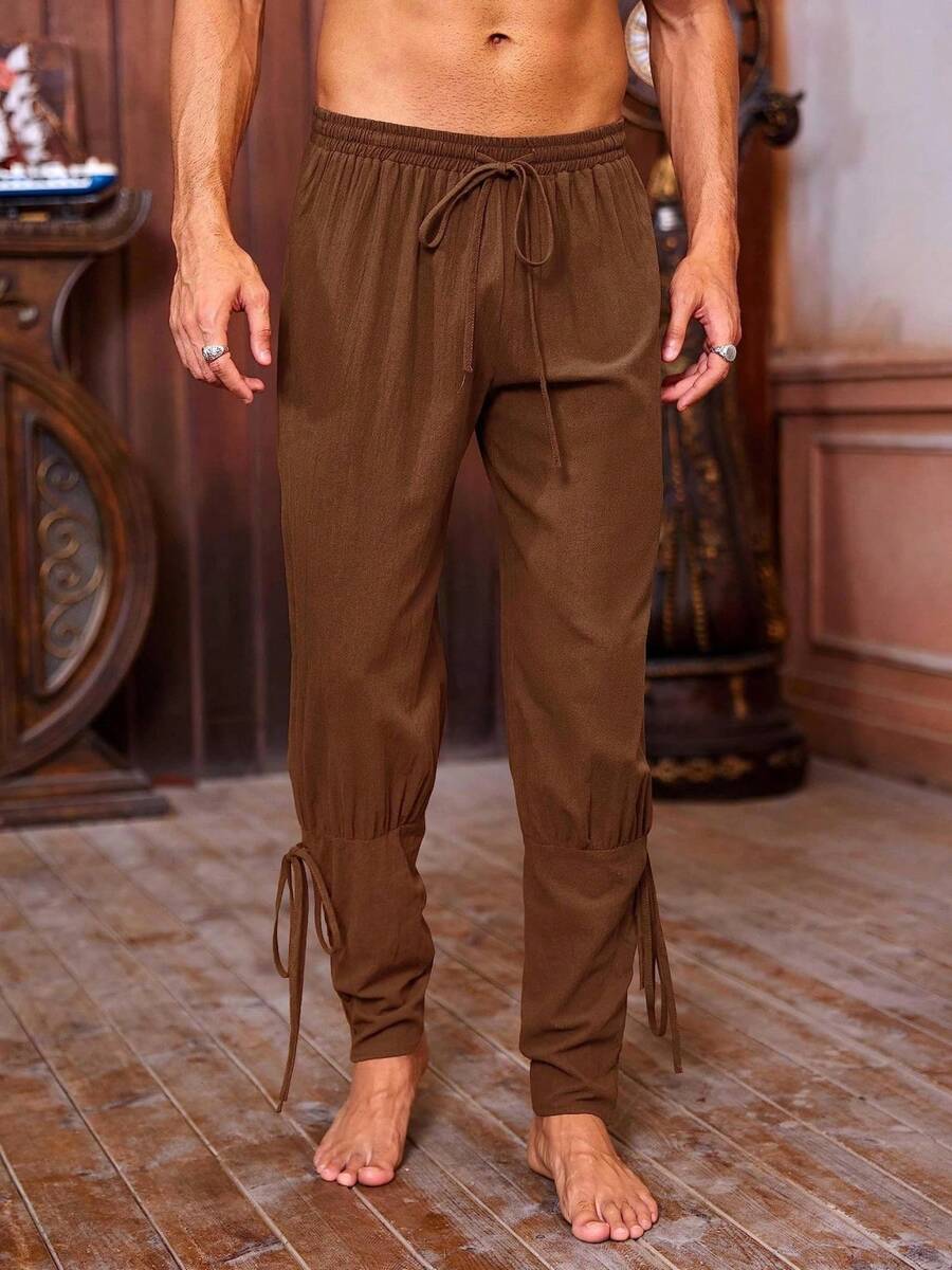 Men's Vintage Medieval Lace Up Pants, Viking Pirate Style Tapered Ankle Linen Costume Trousers For Themed Parties & Reenactments - màu nâu - Xem 1