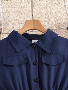 Left Mama 女童休闲无袖褶皱领连衣裙，适合夏季外出穿着 - 藍色 - 查看 3