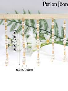 1 件手工缝制珍珠缎带流苏，白色编织缎带，饰有金色珠子，可用于服装装饰和窗帘装饰 - 蕾絲-奶油白色 - 查看 2