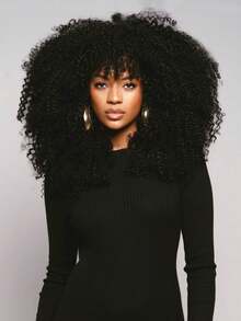 18 Inch Afro Curly Wigs For Women Afro Bomb Curly Wig With Bangs Synthetic Fiber Glueless Long Kinky Curly Hair Black - Màu đen tự nhiên - Xem 1
