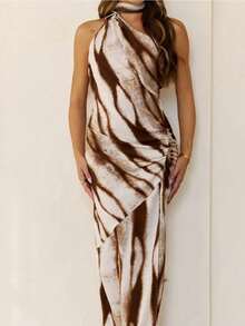 Elegant White Brown Stripe Patchwork Dress Women's One Shoulder High Waist Irregular Hem Gown - 摩卡棕 - 查看 4