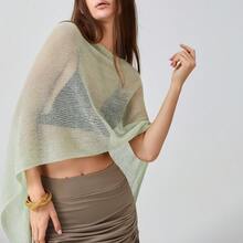 Womens Sheer Blouse Top Knit Lightweight Shrug Sweater Poncho Y2K Sheer See Through Knit Poncho Asymmetric Shrug Bolero Beach Cover Up Tops Pullover Crochet Shawls - 薄荷綠 - 查看 7