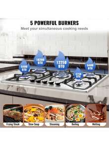 30-Inch Gas Cooktop, 5 Burners Built-In Gas Stove Top, Max 12250BTU NG/LPG Convertible Stainless Steel Natural Gas Hob, With Thermocouple Protection For Camping, RV, Apartment - Argento - Visualizzare 3
