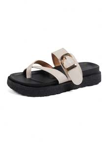 New Fashion Metal Buckle Decor Slip-On Wedge Heel Sandals, Comfortable Non-Slip, Versatile & Easy To Clean, Suitable For Beach & Daily Wear - White - View 7