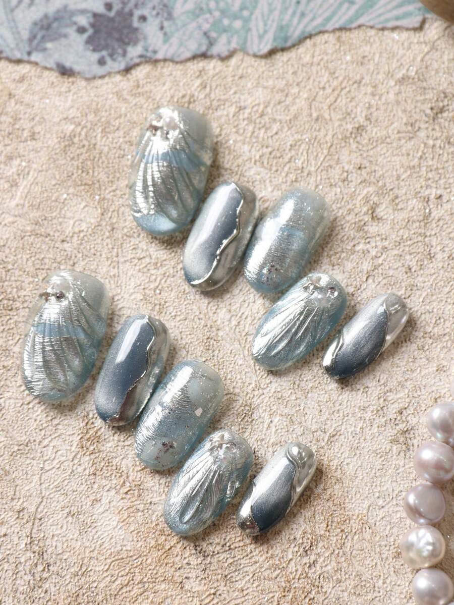 10pcs Acrylic Press On Nails Blue Nails Cat's Eye Golden Fishtail Starfish Short Nails Fake Nails Artificial Nails Kit Includes 1sheet Adhesive Tabs &1 Pc Mini File - Multicolor - View 1