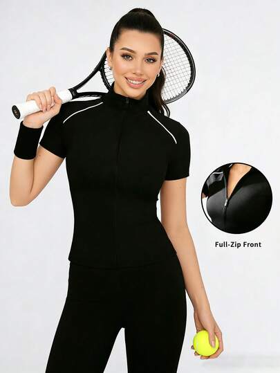 6pecil Women's Lightweight Comfortable Full Zip Sports Jacket, Fitted Short Sleeve Yoga Activewear Black