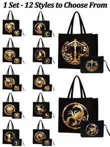Bộ 12 túi tote vải lanh đen in hình cung hoàng đạo, túi đeo vai tối giản dung tích lớn kèm túi đựng mỹ phẩm di động, túi đựng đồ dùng hàng ngày, túi mua sắm đa năng, túi quà tặng cá nhân hóa hoặc túi đựng bữa trưa - Thiết kế hoàn toàn mới. Túi xách hai quai xách kiểu cặp sách. Thích hợp cho mua sắm, công sở, đi học. - Nhiều màu - Xem 1