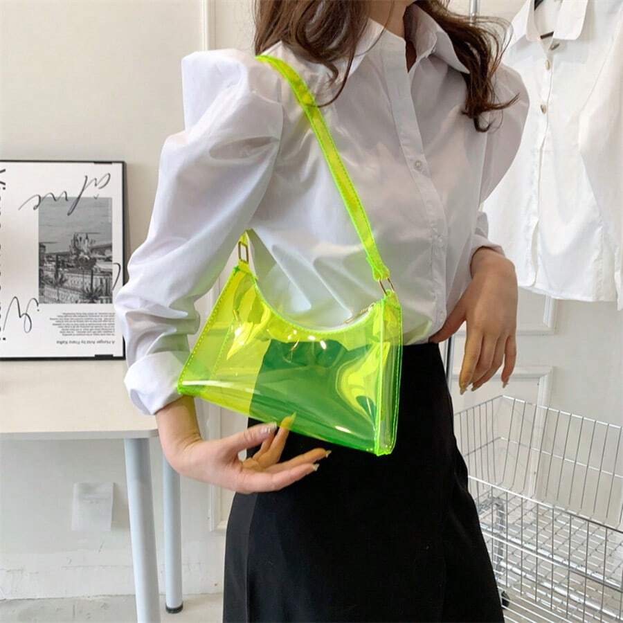 Lightweight,Business Casual Clear Shoulder Bag For Teen Girls Women College Students,Rookies & White-Collar Workers Perfect For Office,College,Work ,Business,Commute,Outdoors, Travel, Outings, Waterproof, Sandproof Transparent Bag, Beach Sports Picnic Snacks Clear Purse For Women - 螢光黃 - 查看 1