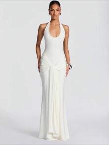 2026 New Arrival Women's Elegant Dress - Halter Neck, Strappy Splicing, Slim & Hip-Wrapping Long Dress, Euro-American Style - 白色 - 查看 1