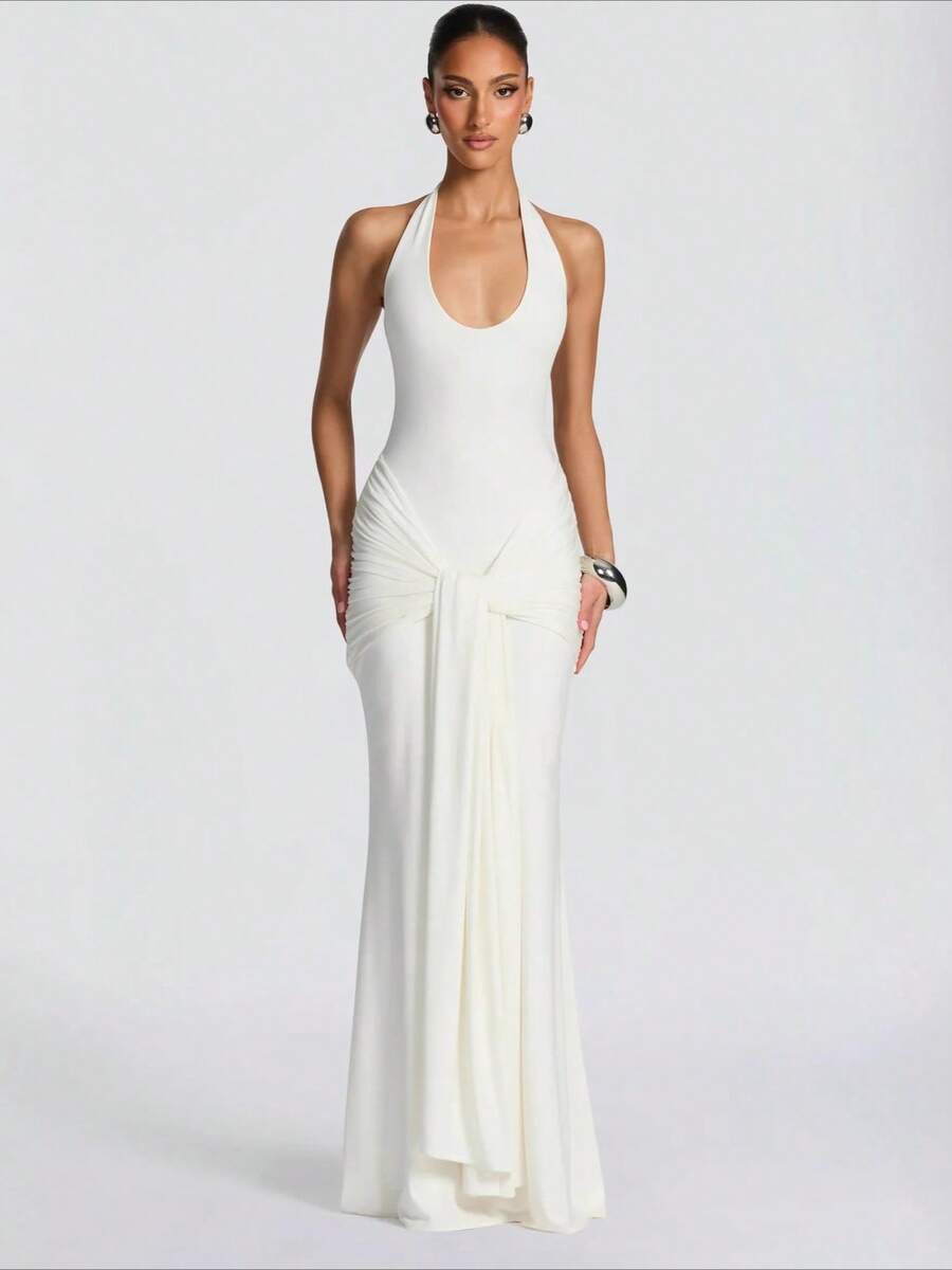 2026 New Arrival Women's Elegant Dress - Halter Neck, Strappy Splicing, Slim & Hip-Wrapping Long Dress, Euro-American Style - 白色 - 查看 1