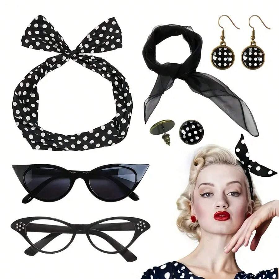 6-Piece Chiffon Scarf Cat-Eye Glasses Square Scarf Headband Earring Set, 1940s Polka Dot Cat-Eye Party Accessories, Including Headband, Square Scarf, Glasses, Earrings And Ear Pendants, Party Outfit - Multicolor - View 1