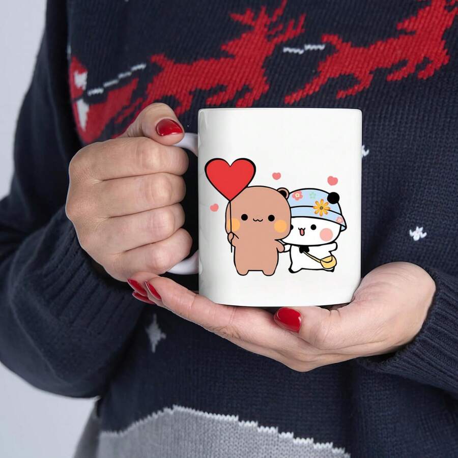 11oz Ceramic Mug With Cute Hugging Bears Design - Adorable Bear Hug Coffee Cup With Heart Shape - Cute Panda And Pet Design - Fun Gift For Boyfriend, Girlfriend Or Best Friend - Dishwasher And Microwave