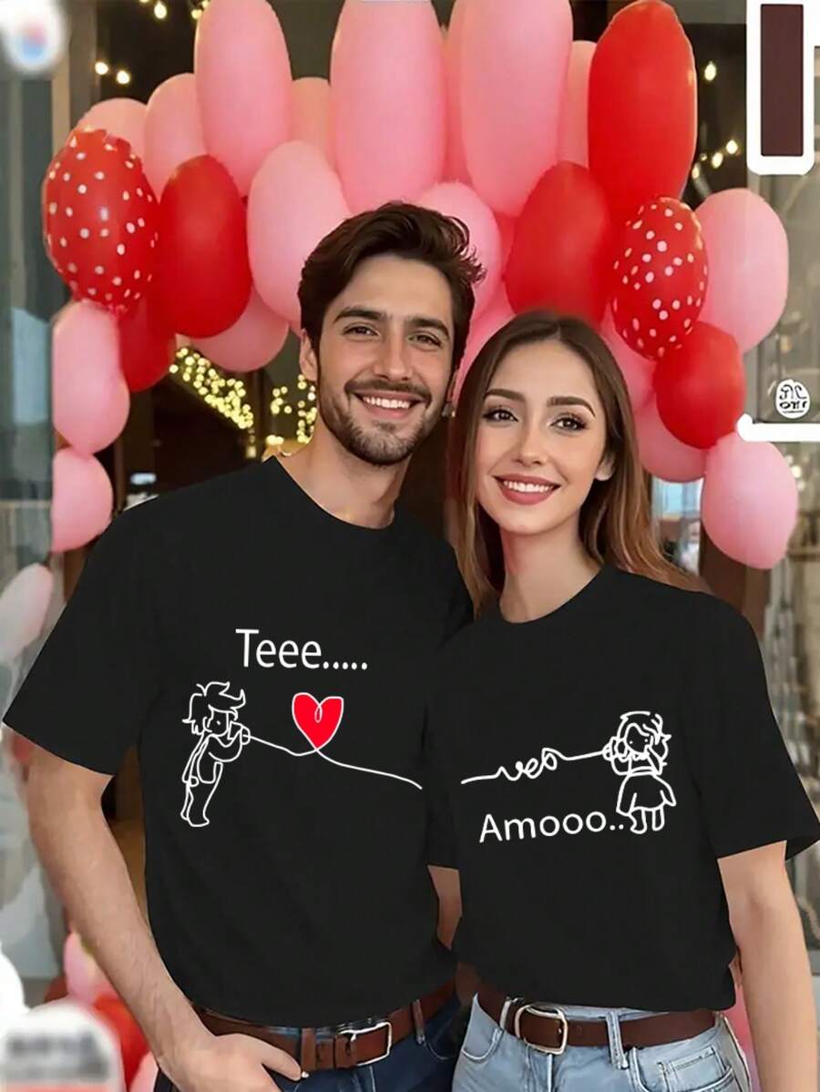 Atuendo Para Parejas, 1 Camiseta Romántica De Pareja Con Estampado " " - Cuello Redondo Casual Manga Corta, Mezcla De Poliéster Elástico, Lavable A Máquina - Perfecto Para El Día De San Valentín, Disponible En Varios Colores, Regalo Festivo De La Camiseta Del Día De San Valentín - Negro, para hombre - Ver 1