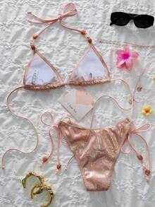 Bộ bikini nữ mùa xuân/hè mới, chất liệu vải ánh kim, đính hạt lấp lánh, gợi cảm và ngọt ngào, thích hợp cho bãi biển, kỳ nghỉ và các bữa tiệc ngày lễ, màu hồng. - Hồng - Xem 4