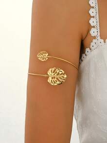 1pc Bohemian Style Leaf Shaped Metal Arm Cuff, Open Design Simple & Elegant, Suitable For Women To Wear Casually, To Beach, Date, Party Or Any Occasion - Gold - View 1