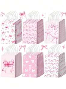 6/12个粉色蝴蝶结主题派对装饰礼品袋，纸质手提袋，礼品盒，礼品袋，纸袋 - 派对袋，礼品袋，适用于婚礼、婚礼用品、公主派对用品、节日、派对回礼、性别揭晓派对、单身派对礼品袋填充物、婚礼用品、教师节礼物、下午茶派对用品、生日派对、婚礼回礼、生日礼物 - 可重复使用 - 多色 - 查看 2