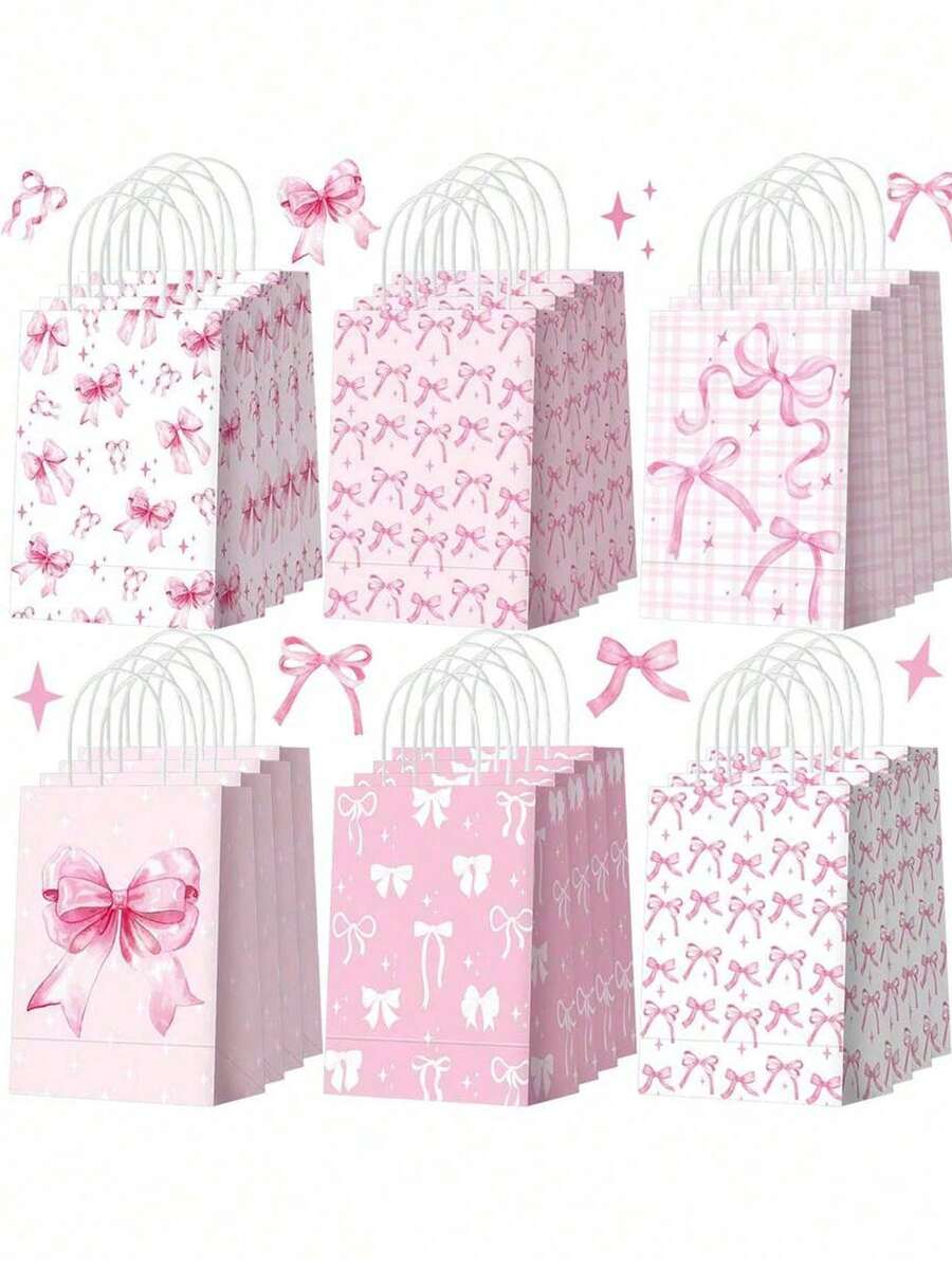6/12个粉色蝴蝶结主题派对装饰礼品袋，纸质手提袋，礼品盒，礼品袋，纸袋 - 派对袋，礼品袋，适用于婚礼、婚礼用品、公主派对用品、节日、派对回礼、性别揭晓派对、单身派对礼品袋填充物、婚礼用品、教师节礼物、下午茶派对用品、生日派对、婚礼回礼、生日礼物 - 可重复使用