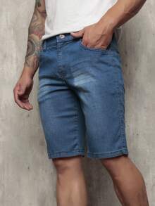 Men's Plain Denim Bermuda Shorts With Elastane - Medium Wash - View 3