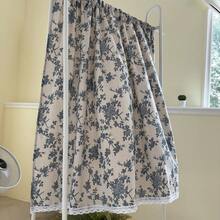 1 件蓝色玫瑰花朵短窗帘，复古印花，白色蕾丝边，适合乡村风格的窗户、厨房、咖啡厅、复古房间装饰、摄影、家居装饰