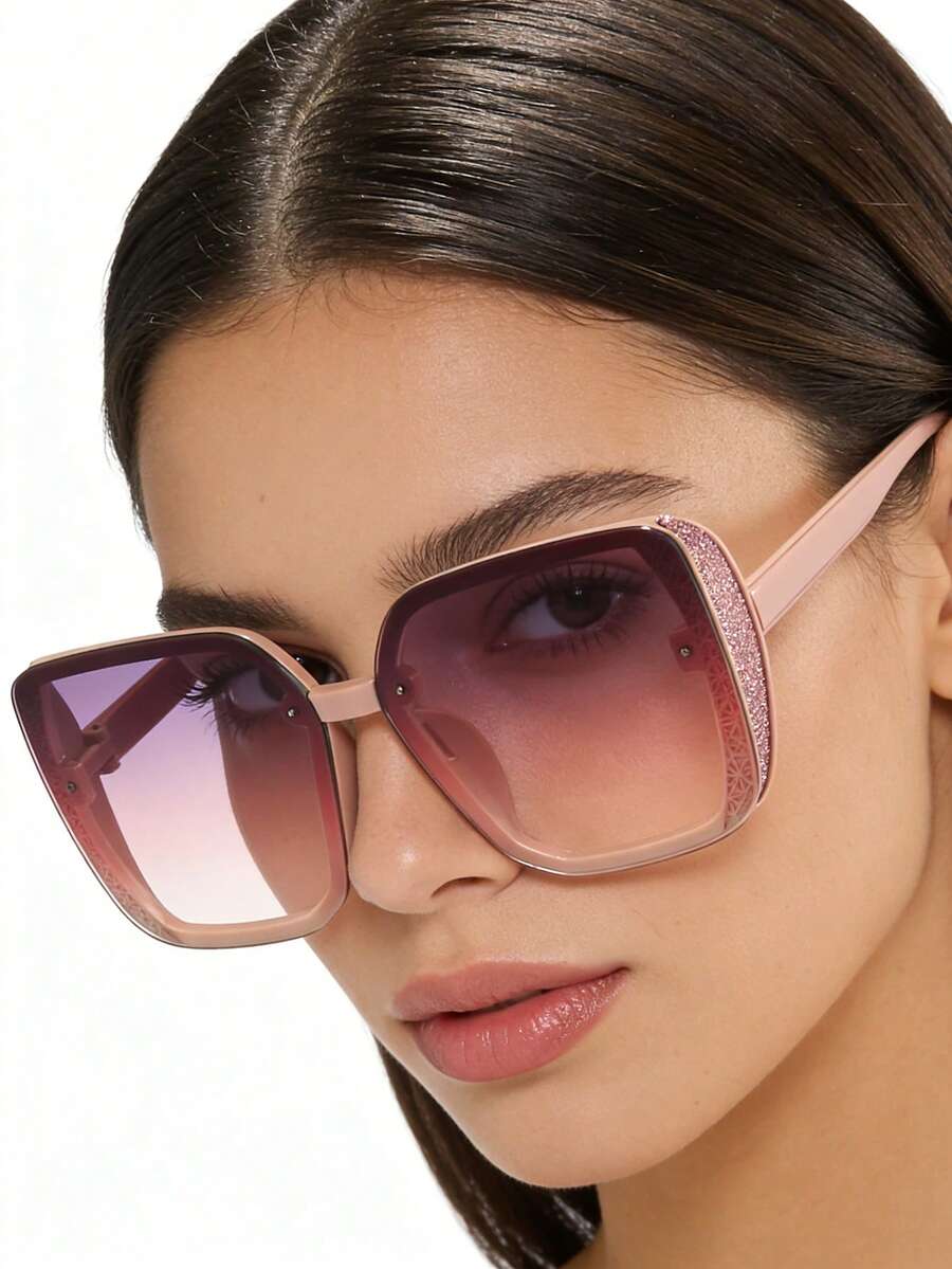 1 pieza Gafas de moda de mujer con marco cuadrado grande y retro de color rosa, adecuadas para salidas diarias, playa de verano, decoración y fotografía callejera - Multicolor - Ver 1