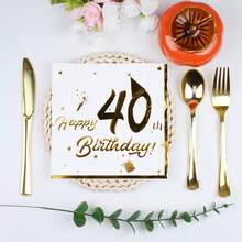 20pcs Gold Foil 40th Birthday Party Paper Napkins, 6.5*6.5inch, Disposable White Tissue Paper Napkins Made Of Virgin Wood Pulp, Suitable For 40th Birthday Party, Hotel, Restaurant, Bar