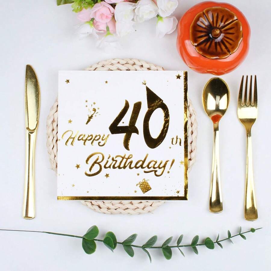 20pcs Gold Foil 40th Birthday Party Paper Napkins, 6.5*6.5inch, Disposable White Tissue Paper Napkins Made Of Virgin Wood Pulp, Suitable For 40th Birthday Party, Hotel, Restaurant, Bar