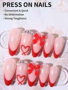 24pcs Almond-Shaped Red French Tip Press-On Nails, Almond Perfectly Fits Acrylic Nail Tips Set, Includes: 1pc Jelly Gel And 1pc Nail File, Easy To Wear French Manicure And Valentine's Day Nail Design, Suitable For Women's Daily Work And Parties. - Đỏ - Xem 3