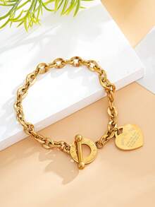1pc Women's Stainless Steel Classic Engraved Heart Shaped Lips Chain Ot Clasp Titanium Steel Bracelet Valentines,Mom,Mother,Mother's Day,Gift - Gold - View 4