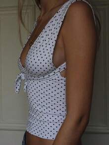 Women's Halter Neck Tank Tops Sleeveless Open Back Plaid/Heart Printed Slim Fit Tops Party Shirts - Ivory White - View 3