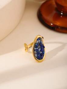 Lapis Lazuli Chip Open Ring For Women - Crescent/Rectangle/Butterfly/Teardrop Shaped Open Jewelry, Suitable For Retro Luxury, Daily/Casual Wear - Gold - View 2