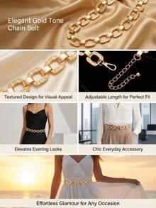 1 pieza Cadena de cintura vintage bohemia con patrón floral cuadrado y ovalado en dorado, accesorio de joyería corporal de moda para mujer, elegante para vestidos, adecuado para playa de verano, uso casual - Dorado - Ver 5