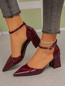 女士纯色西部风格优雅性感搭扣尖头粗跟办公凉鞋 - 酒紅色 - 查看 4
